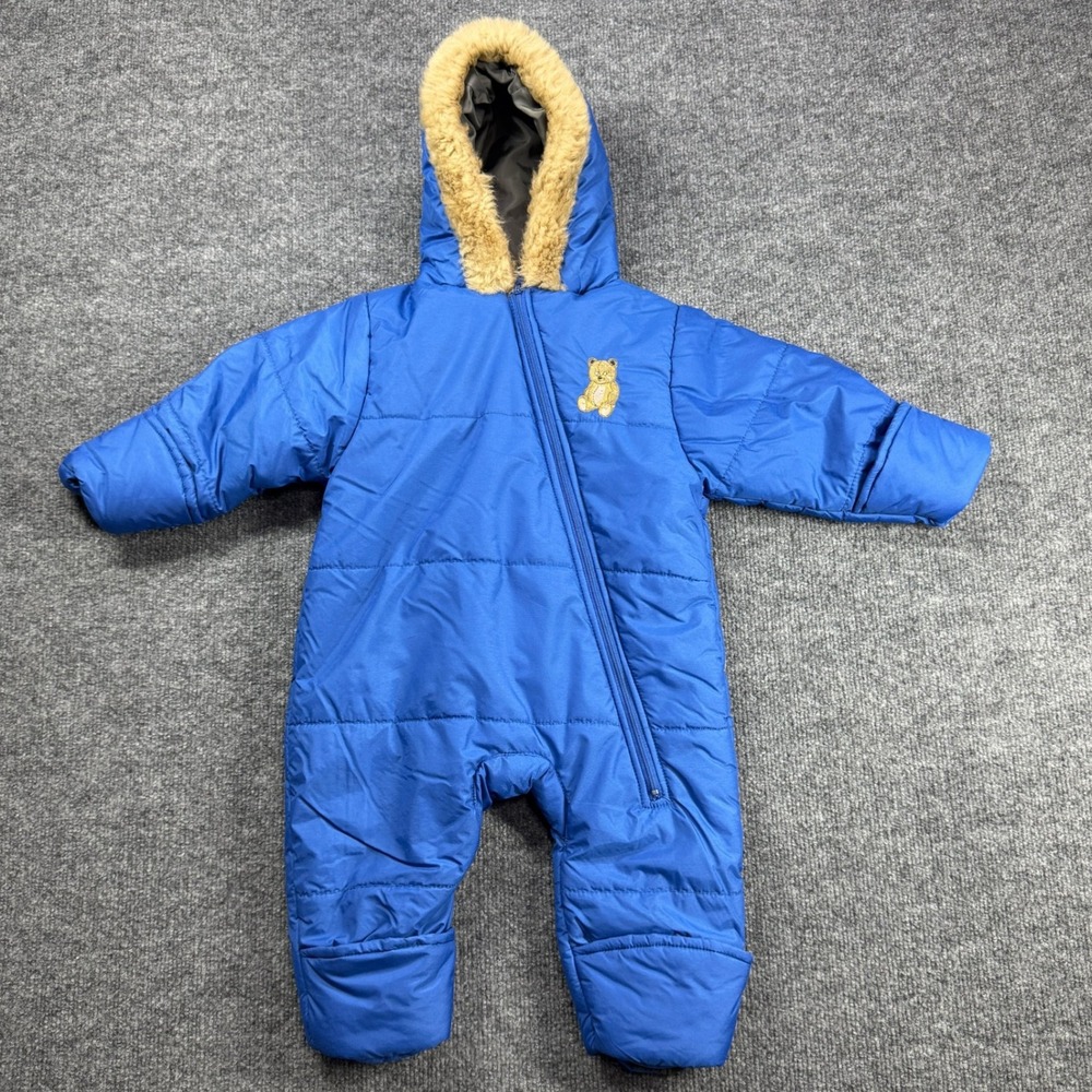 Arctix Snowsuit Infant 9/12 Blue Teddy Bear Faux Fur‎ Hood Winter Bunting